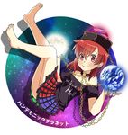  bare_shoulders barefoot chain clothes_writing collar earth_(ornament) hat hecatia_lapislazuli highres moon_(ornament) multicolored multicolored_clothes multicolored_skirt polos_crown red_eyes red_hair shirt skirt smile solo space t-shirt touhou ximsol182 