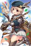  :d armor armored_boots ass bankoku_ayuya beret black_legwear blonde_hair blush boots brown_eyes bunny cait_sith_(granblue_fantasy) cape cat confetti djeeta_(granblue_fantasy) elbow_pads feathers gloves granblue_fantasy grey_gloves gun hat hat_feather hawkeye_(granblue_fantasy) long_sleeves looking_at_viewer miniskirt open_mouth pleated_skirt puffy_long_sleeves puffy_sleeves short_hair shotgun skirt smile solo thigh_strap thighhighs vambraces weapon white_skirt 