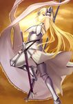  absurdres arm_behind_head armor banner blonde_hair blue_eyes ccjn chain fate/apocrypha fate/grand_order fate_(series) faulds gauntlets hair_down headpiece highres jeanne_d'arc_(fate) jeanne_d'arc_(fate)_(all) light_smile long_hair looking_back solo sword thighhighs weapon 