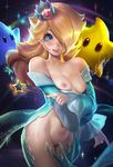  banned_artist bare_shoulders blonde_hair blue_eyes blush breasts chiko_(mario) crown hair_over_one_eye highres jewelry long_hair mario_(series) nipples no_panties pussy rosetta_(mario) sakimichan signature small_breasts solo super_mario_bros. super_mario_galaxy uncensored wand 
