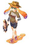  bike_shorts blush camouflage domino_mask fedora full_body grin gun hand_on_hip hat highres holding inkling layered_clothing long_hair long_sleeves looking_at_viewer mask orange_hair paint_splatter shirt shoes short_over_long_sleeves short_sleeves single_vertical_stripe smile sneakers solo splatoon_(series) splatoon_1 splattershot_pro_(splatoon) standing takano_itsuki tentacle_hair weapon white_background 