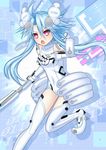  ahoge axe blue_hair elbow_gloves gloves highres leotard md5_mismatch neptune_(series) open_mouth power_symbol red_eyes sakaki_jin'ya short_hair_with_long_locks sidelocks solo symbol-shaped_pupils thighhighs weapon white_heart 