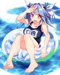  :d afloat bad_id bad_nicoseiga_id banned_artist barefoot blue_hair blush breasts fang feet full_body hair_ribbon i-19_(kantai_collection) innertube kantai_collection large_breasts long_hair name_tag one-piece_swimsuit open_mouth red_eyes ribbon school_swimsuit shading_eyes smile solo star star-shaped_pupils suisen swimsuit symbol-shaped_pupils toes twintails 