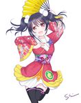  :d angelic_angel arm_up bad_id bad_pixiv_id black_hair bow fan flower flower_ornament hair_bow hair_ornament hairclip japanese_clothes kimono long_sleeves looking_at_viewer love_live! love_live!_school_idol_project open_mouth red_eyes red_kimono ribbon shino_(shinderera) short_hair short_kimono signature simple_background skirt smile solo thighhighs twintails white_background yazawa_nico yukata zettai_ryouiki 