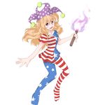  american_flag_dress american_flag_legwear blonde_hair clownpiece dress fairy_wings frilled_shirt_collar frills hat jandare jester_cap long_hair looking_at_viewer open_mouth pantyhose red_eyes short_sleeves simple_background smile solo star striped striped_dress striped_legwear torch touhou wings 