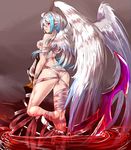  absurdres angel_wings ass bandages barefoot blood deluxe&lt;&lt;&lt; from_behind highres looking_at_viewer looking_back multicolored_hair naked_bandage original planted_weapon pointy_ears ripples scythe shiny shiny_skin short_hair smile solo standing standing_on_one_leg weapon wings 