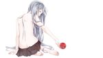  apple barefoot dimples_of_venus food from_behind fruit full_body hatsune_miku highres long_hair looking_at_viewer looking_back pleated_skirt sekii silver_eyes silver_hair simple_background sitting skirt soles solo toes topless very_long_hair vocaloid white_background yokozuwari 