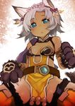  :o animal_ears bare_shoulders blue_eyes blush breasts cat_ears cat_paws claws cleavage dark_skin dress erune feathers flower granblue_fantasy grey_hair hair_flower hair_ornament hairband highres izuoku looking_at_viewer melleau no_panties open_mouth paws pelvic_curtain short_hair side_slit sitting small_breasts solo thighhighs yellow_legwear 