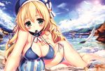  absurdres akabane_(zebrasmise) atago_(kantai_collection) ball bare_legs barefoot beach beachball beret bikini blonde_hair blue_bikini blue_sky blurry blush breast_suppress breasts cleavage covered_nipples day depth_of_field feathers green_eyes hat highres huge_filesize i-168_(kantai_collection) i-19_(kantai_collection) kantai_collection large_breasts lens_flare long_hair looking_at_viewer lying mouth_hold multiple_girls navel outdoors partially_submerged scan side-tie_bikini sky sunlight swimsuit 