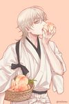  basket eating food fruit japanese_clothes male_focus peach solo touken_ranbu tsurumaru_kuninaga twoframe white_hair yellow_eyes 