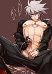  1boy abs blazblue cum drooling kaneaki_mukku male_focus masturbation muscle open_clothes pants_down pecs ragna_the_bloodedge saliva silver_hair solo spiked_hair sweat tagme tears 