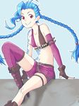  blue_hair boots braid breasts bullets gloves high_heel_boots high_heels jinx_(league_of_legends) league_of_legends long_hair pink_eyes shorts single_thighhigh smile tattoo twin_braids 