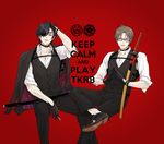  bespectacled black_gloves black_hair brown_eyes brown_hair cigarette english eyepatch glasses gloves hands_together heshikiri_hasebe katana keep_calm_and_carry_on male_focus multiple_boys shokudaikiri_mitsutada sitting sleeves_rolled_up sword touken_ranbu twoframe waistcoat weapon yellow_eyes 