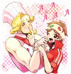  1girl ;d atsui_chishio beard blonde_hair brown_eyes brown_hair checkered checkered_background chef_hat chef_uniform curly_hair eyebrows facial_hair finger_to_mouth green_eyes gyakuten_saiban gyakuten_saiban_3 gyakuten_saiban_5 gym_shirt hat headband hondobou_kaoru jacket minashirazu mustache one_eye_closed open_mouth red_shirt reverse_trap shirt short_hair sleeveless sleeveless_shirt smile thick_eyebrows toque_blanche track_jacket trait_connection upper_body 