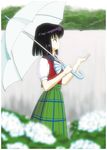  anime_coloring bishoujo_senshi_sailor_moon black_hair blue_bow blurry bob_cut bow cowboy_shot depth_of_field dress flower green_dress hino_ryutaro mugen_gakuen_school_uniform plaid plaid_dress plaid_skirt profile purple_eyes school_uniform serafuku short_hair skirt solo striped striped_bow tomoe_hotaru umbrella white_umbrella 