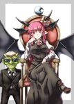  1girl armband arms_behind_back bangs bat_wings black_neckwear black_skirt black_vest bodyguard border breasts chair collared_shirt crossed_legs crown demon_horns fangs formal goblin hair_slicked_back hand_on_own_cheek head_tilt highres hobgoblin_(touhou) horns koakuma long_hair long_skirt long_sleeves looking_at_viewer medium_breasts necktie outside_border pointy_ears puffy_long_sleeves puffy_sleeves red_eyes red_neckwear ryuuno_stadtfeld shirt simple_background sitting skirt smile suit sunglasses touhou very_long_hair vest white_background wings 