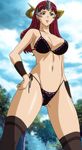  1girl bikini bra breasts claudette_(queen&#039;s_blade) claudette_(queen's_blade) earrings female green_eyes highres jewelry large_breasts long_hair panties queen&#039;s_blade queen's_blade red_hair sky solo standing stitched swimsuit underwear 