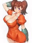  arm_behind_back arm_behind_head arm_up bangs blue_gloves blush breasts brown_hair cameltoe cleavage clenched_hand closed_mouth collarbone covered_navel covered_nipples cowboy_shot curvy diane_(nanatsu_no_taizai) elbow_gloves embarrassed fingerless_gloves from_side fumio_(rsqkr) gloves hair_between_eyes hips large_breasts leotard light_smile lips looking_at_viewer medium_hair nanatsu_no_taizai orange_leotard puffy_short_sleeves puffy_sleeves purple_eyes raised_eyebrows short_sleeves short_twintails simple_background sketch skin_tight smile solo straight_hair taut_clothes thick_thighs thighs twintails unfastened white_background wide_hips 