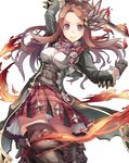  bad_id bad_pixiv_id blue_eyes boots breasts brown_hair carren_estapera fire gloves granblue_fantasy hair_ornament highres long_hair looking_at_viewer medium_breasts panties pantyshot plaid plaid_skirt saraki skirt smile solo sword thigh_boots thighhighs underwear weapon 