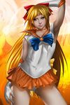  aino_minako armpits bishoujo_senshi_sailor_moon blonde_hair blue_eyes blush bow choker diadem gloves hand_behind_head highres juan_romero lipstick long_hair looking_to_the_side makeup miniskirt orange_choker orange_sailor_collar panties sailor_collar sailor_senshi_uniform sailor_venus skin_tight skirt smile solo underwear 