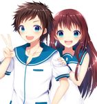  1girl blue_eyes brown_hair dress kanatougo long_hair mukaido_manaka nagi_no_asukara sailor_collar sailor_dress sakishima_hikari school_uniform serafuku short_hair v 