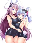  :d animal_ears ass asymmetrical_docking blue_hair blush breast_press breasts bunny_ears bunny_tail cameltoe covered_navel huge_breasts inma_kourin_devil_carnival long_hair maid maid_headdress multiple_girls one-piece_swimsuit open_mouth pink_eyes purple_hair school_swimsuit seta_(monyun) side_ponytail smile swimsuit tail very_long_hair 