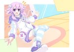  1girl hair_ornament hood hoodie looking_at_viewer neptune_(choujigen_game_neptune) neptune_(series) nobu_baka open_mouth purple_eyes purple_hair smile solo striped striped_legwear 
