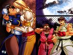  1girl 3boys armlet balrog brick_wall chinese_clothes chun-li dougi fence fingerless_gloves gloves good_end headband hibiki_dan jadenkaiba kiss moon multiple_boys netorare night night_sky pantyhose ryuu_(street_fighter) shirtless spiked_bracelet street_fighter 