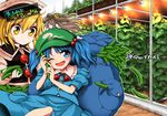  backpack bag blonde_hair blue_eyes blue_hair cover cover_page cucumber flower greenhouse hair_flower hair_ornament harukawa_moe_(style) harusame_(unmei_no_ikasumi) hat kawashiro_nitori lunasa_prismriver multiple_girls one_eye_closed parody plant sample style_parody too_many touhou translation_request two_side_up yellow_eyes 