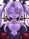  blood blood_from_mouth breasts cape choker covered_nipples eden_(sennen_sensou_aigis) fangs highres nipples pointy_ears purple_hair purple_skin red_eyes sennen_sensou_aigis small_breasts tsukigami_chronica upper_body 