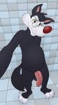 animaniacs anthro balls barefoot canine chubby digital_media_(artwork) flaccid front_view grin male mammal naughty_face neenya nude penis perspective selfie shower solo standing walter_john_wolf wet wolf 