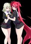  arcana_heart arcana_heart_3 bare_legs black_background holding_hands jin_kichi long_hair looking_at_viewer looking_back md5_mismatch miniskirt multiple_girls one_eye_closed red_eyes red_hair scharlachrot short_hair skirt smile twintails very_long_hair weiss white_hair 