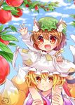  :d animal_ears apple apple_tree blonde_hair blue_sky blurry brown_hair carrying cat_ears chen cloud day depth_of_field dress earrings fang food fox_tail fruit green_hat hand_on_another's_head hat highres ibaraki_natou jewelry long_sleeves looking_at_viewer multiple_girls multiple_tails open_mouth outdoors pillow_hat red_eyes red_skirt short_hair shoulder_carry signature skirt sky smile tabard tail tassel teeth tongue touhou tree two_tails white_dress wide-eyed yakumo_ran 