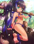  animal anklet aqua_eyes ass axe bad_feet barefoot bell bird black_hair chinese_clothes dog feet highres jewelry jingle_bell long_hair monkey riding soles solo toeless_legwear toes tsukigami_chronica very_long_hair weapon 