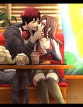  1girl absurdres artist_name breasts brown_hair choker cleavage closed_eyes ear_piercing earrings food food_in_mouth food_on_face french_fries hamburger headphones headphones_around_neck highres hood hoodie imminent_kiss jewelry kagami_taiga kneehighs kuroko_no_basuke large_breasts letterboxed milkshake original piercing plant poltergeist-el purple_eyes red_hair skirt window_shade zipper 