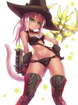  1girl breasts cat_tail cleavage final_fantasy final_fantasy_xiv gloves hand_on_hip looking_at_viewer miqo&#039;te miqo'te navel pink_hair solo stomach tail thighhighs tsukigami_chronica witch_hat 