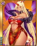  breasts center_opening character_request dark_skin detached_collar detached_sleeves dress fur_trim horns huge_breasts multiple_girls red_eyes sengoku_bushouki_muramasa smile wide_hips 