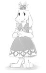  animal_ears blush_stickers cosplay dress fang goat_ears goat_girl greyscale hands_clasped hat horns kamishirasawa_keine kamishirasawa_keine_(cosplay) looking_at_viewer monochrome own_hands_together puffy_short_sleeves puffy_sleeves shadow short_sleeves simple_background smile solo standing tareme toriel touhou undertale white_background 