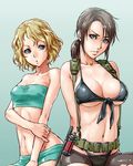  arms_behind_back bandeau bikini blonde_hair blue_eyes breasts brown_hair cleavage front-tie_bikini front-tie_top large_breasts looking_at_viewer medium_breasts metal_gear_(series) metal_gear_solid_peace_walker metal_gear_solid_v multiple_girls navel pantyhose paz_ortega_andrade ponytail quiet_(metal_gear) scar short_hair sjw_kazuya strapless suspenders swimsuit taut_clothes torn_clothes torn_legwear underwear wavy_hair 