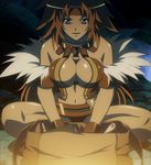  1girl black_panties breasts cleavage female highres large_breasts long_hair panties purple_eyes queen&#039;s_blade queen's_blade red_hair risty sitting smile solo stitched underwear very_long_hair 