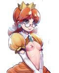  bespectacled blue_eyes breastless_clothes breasts brown_hair crown earrings elbow_gloves glasses gloves jewelry long_hair mario_(series) midriff nipple_bar nipple_piercing nipples piercing princess_daisy puffy_short_sleeves puffy_sleeves semi-rimless_eyewear sho-n-d short_sleeves small_breasts smile solo super_mario_bros. under-rim_eyewear v_arms white_gloves 