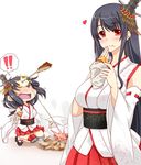  2girls black_hair chestnut commentary eating food food_on_face fusou_(kantai_collection) hand_on_own_chin heart kantai_collection kuon_(nokokopopo) leaf looking_at_viewer multiple_girls red_eyes squatting sweet_potato yamashiro_(kantai_collection) 