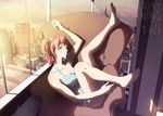  armchair barefoot breasts chair city cityscape cleavage cloud couch english highres indoors jay_zhang legs legs_up lens_flare light_particles long_hair long_legs looking_at_viewer medium_breasts morning original pink_hair solo tank_top text_focus twintails window yellow_eyes 