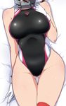  arm_behind_back ass_visible_through_thighs bare_shoulders bed_sheet breasts brown_hair close-up clothes_writing competition_swimsuit gloves harukon_(halcon) head_out_of_frame highleg highleg_swimsuit kantai_collection large_breasts lying mutsu_(kantai_collection) on_back one-piece_swimsuit over-kneehighs red_legwear shiny shiny_clothes shiny_skin short_hair solo swimsuit taut_clothes taut_swimsuit thigh_gap thighhighs white_gloves wide_hips 