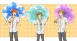  blonde_hair brown_eyes brown_hair company_connection crossover dress_shirt free! fukube_satoshi hyouka kanbara_akihito kyoto_animation kyoukai_no_kanata male_focus mikoshiba_momotarou multiple_boys necktie rito453 shirt umbrella 