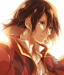  argyle blue_eyes brown_hair closed_mouth earrings hair_between_eyes highres howl_(howl_no_ugoku_shiro) howl_no_ugoku_shiro jewelry male_focus mikanururu pendant simple_background smile solo white_background 