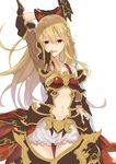  absurdres arm_up armor azuuru bare_shoulders bikini_armor black_bow black_legwear blonde_hair bow collarbone cowboy_shot empty_eyes frilled_skirt frills granblue_fantasy hair_between_eyes hair_bow highres holding holding_sword holding_weapon long_hair looking_at_viewer miniskirt navel orange_eyes shaded_face skirt smile solo sword thigh_gap thighhighs vira_lilie weapon white_skirt 