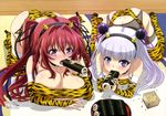  absurdres animal_print boots bridal_gauntlets food hairband highres long_hair makizushi mamemaki multiple_girls naruse_maria naruse_mio oni_horns pink_eyes purple_hair red_hair setsubun sexually_suggestive shinmai_maou_no_testament sushi thigh_boots thighhighs tiger_print umetsu_yukinori white_hair 