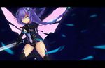  bangs black_legwear blue_eyes braid breasts cleavage cleavage_cutout covered_navel emblem flipped_hair floating_hair frown gloves glowing glowing_eyes hair_ornament highres hinakurukuru holding holding_weapon leg_up legs_apart leotard letterboxed light_trail long_hair looking_at_viewer magical_girl neptune_(series) outstretched_arm power_symbol purple_hair purple_heart serious small_breasts sword symbol-shaped_pupils turtleneck twin_braids vambraces very_long_hair weapon wings 