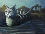  blue_sky cat collar egypt fish green_eyes highres lake no_humans original outdoors partially_submerged pyramid riding sardine sitting sky surreal tail tail_hold tatsubsge wading water what whiskers 